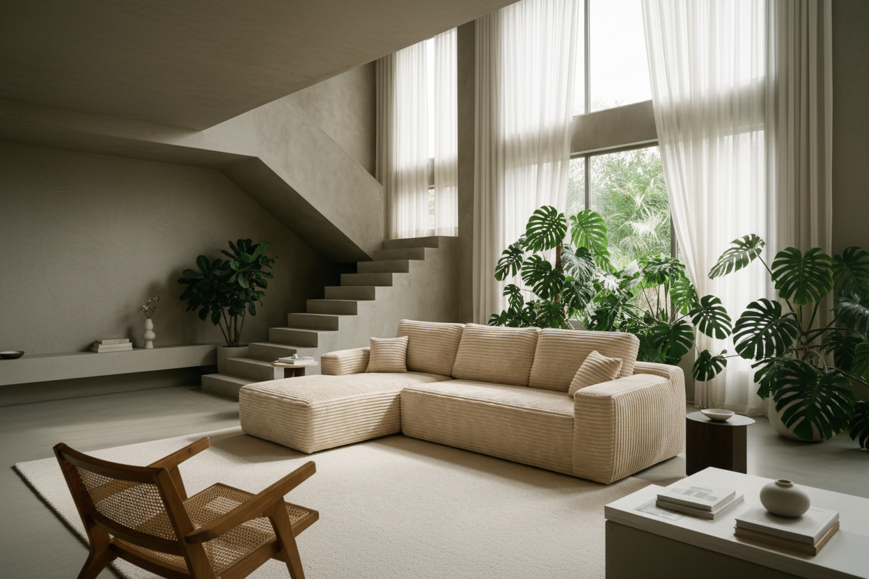 Wide-angle living room with beige sectional sofa